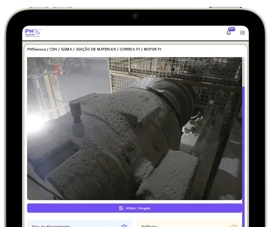 Dashboard da plataforma PW Sensors exibido em um tablet industrial